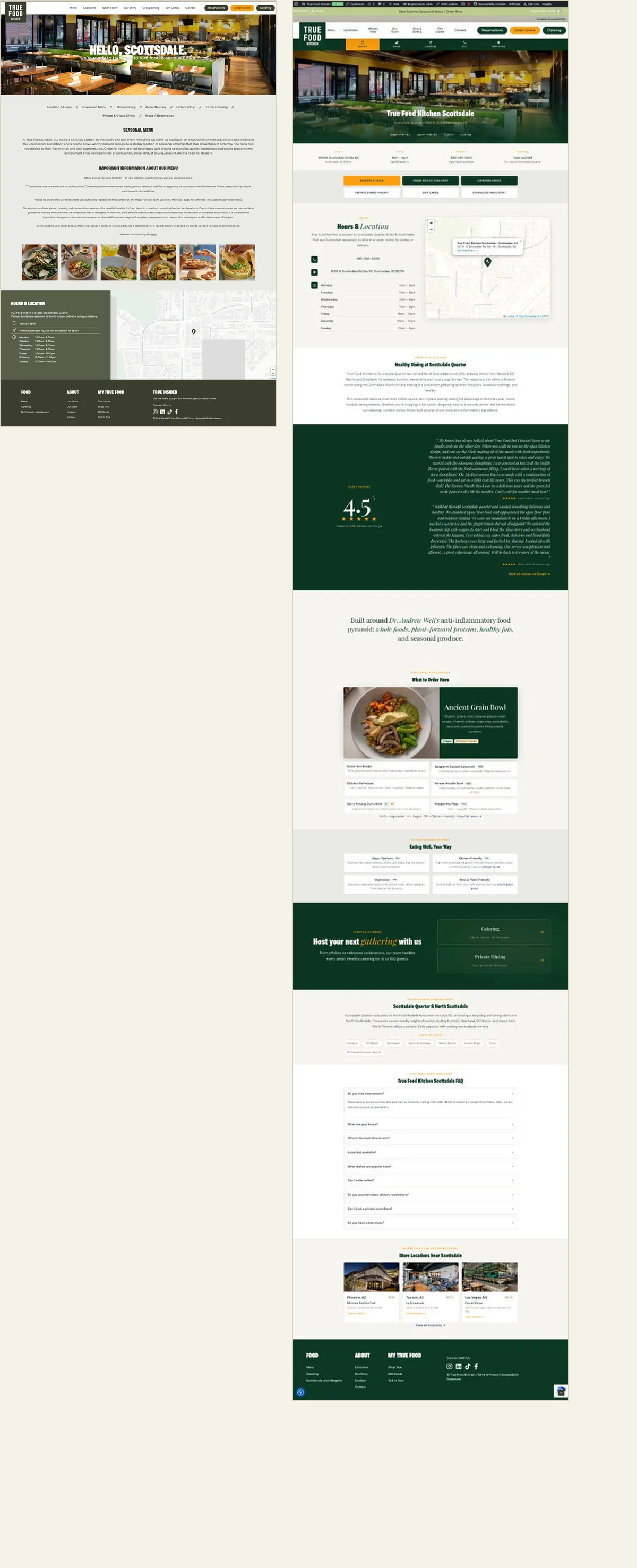 Two full-page screenshots side by side, both starting at the top of the page. The old location page ends after the menu note, hours and a map. The rebuilt page continues for roughly three times the length, adding neighborhood copy, guest reviews, a featured dish section, an FAQ, and links to nearby locations.